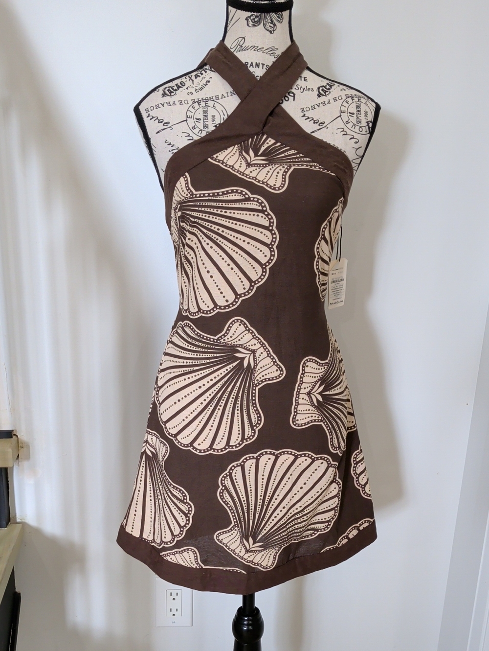 SINCERELY JULES | Women's Cream/Brown Seashell Halter Linen Blend Mini Dress